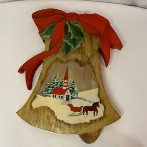 Vintage handpainted wooden bell plaque Christmas snowy winter scene folk art
